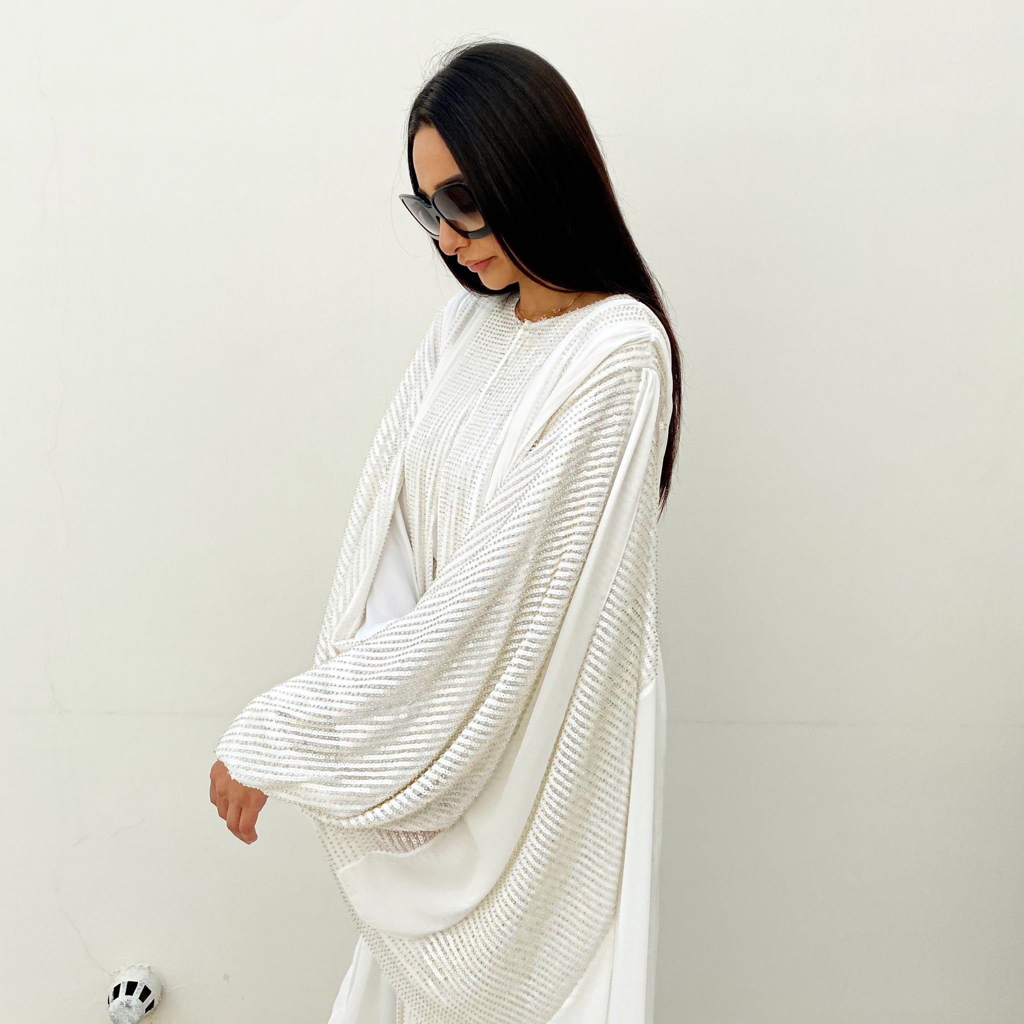 RAM20 DANA WHITE BEADS & SEQUINS TULLE CHIFFON ABAYA