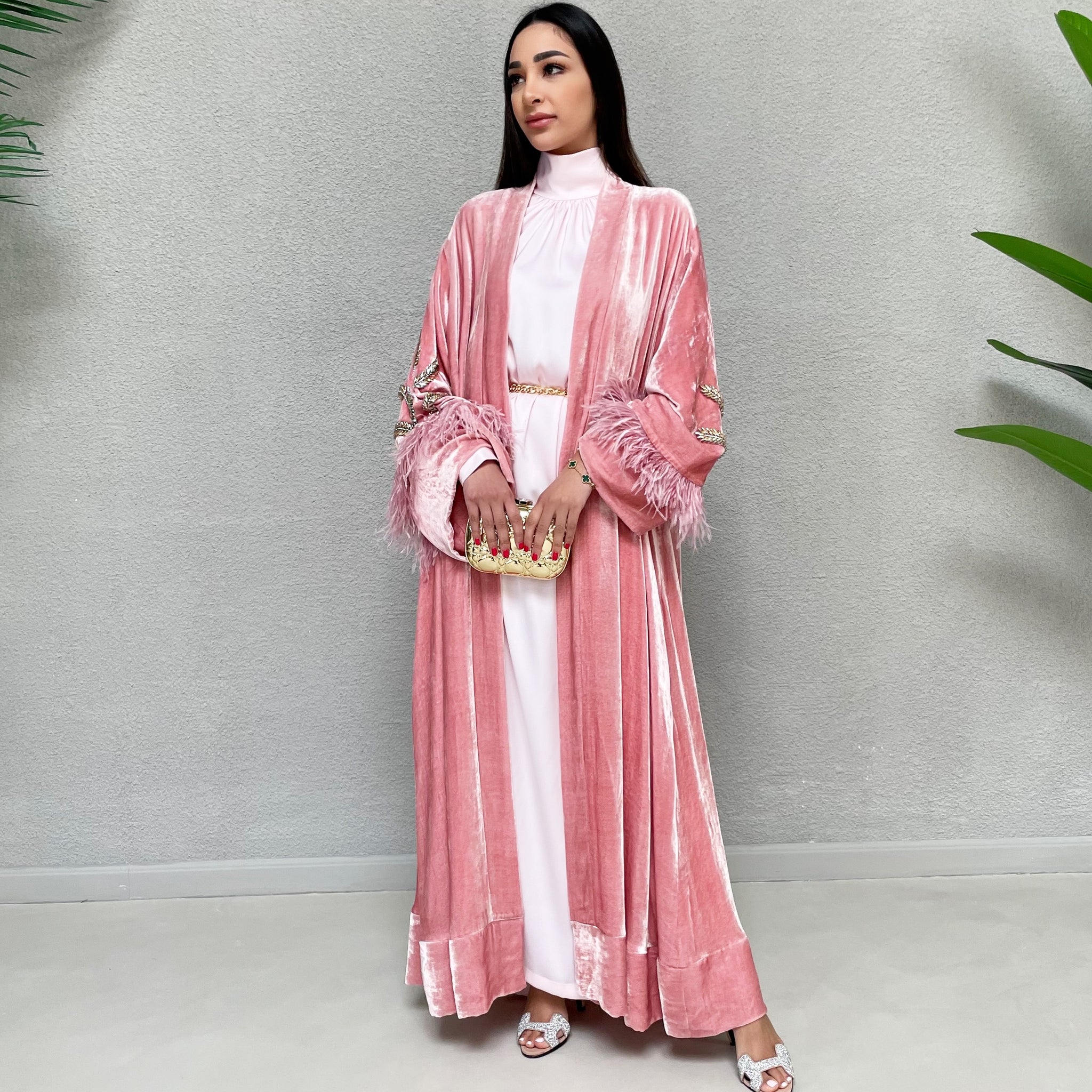 AW 21 AMANI PINK SILK VELVET EVENING ABAYA