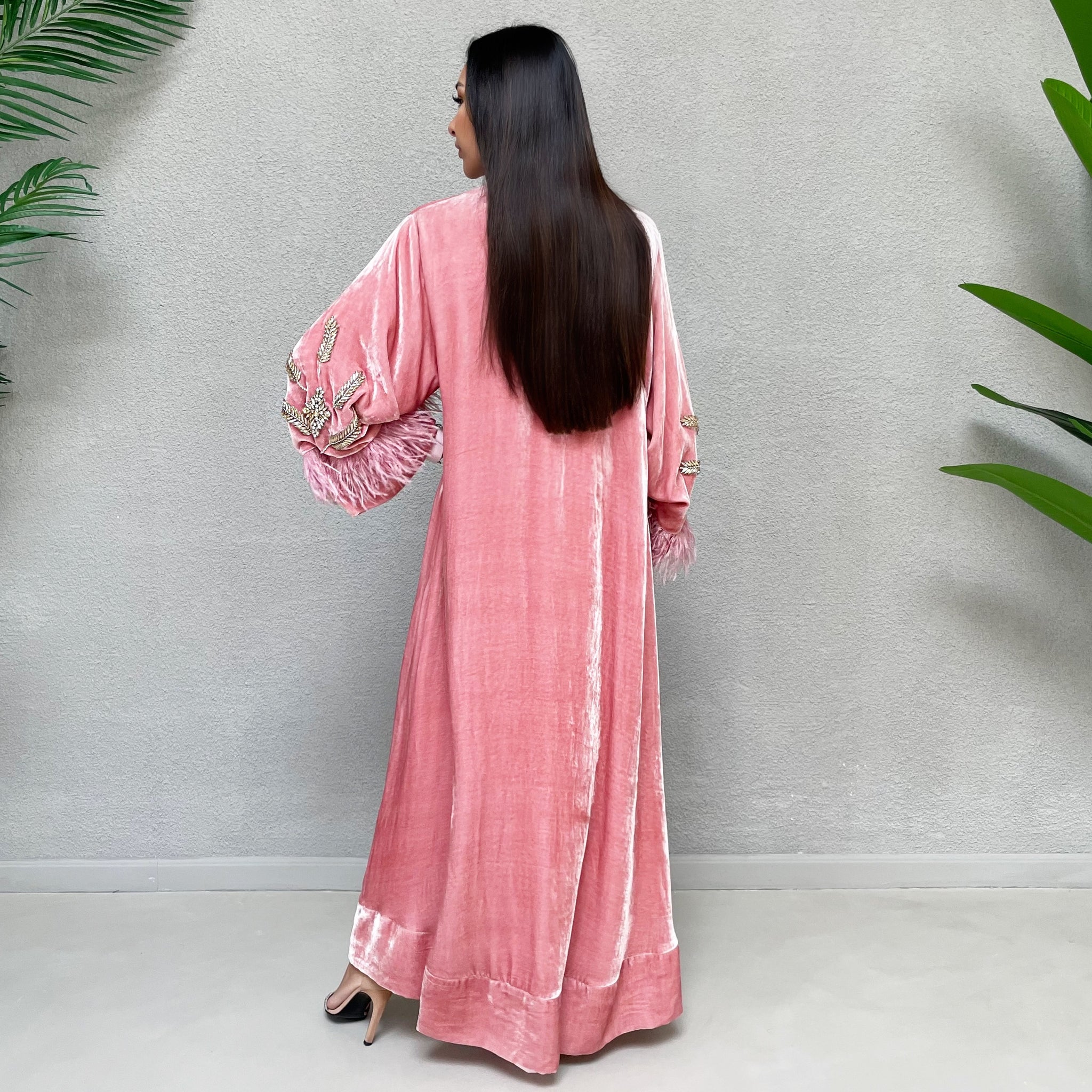 AW 21 AMANI PINK SILK VELVET EVENING ABAYA