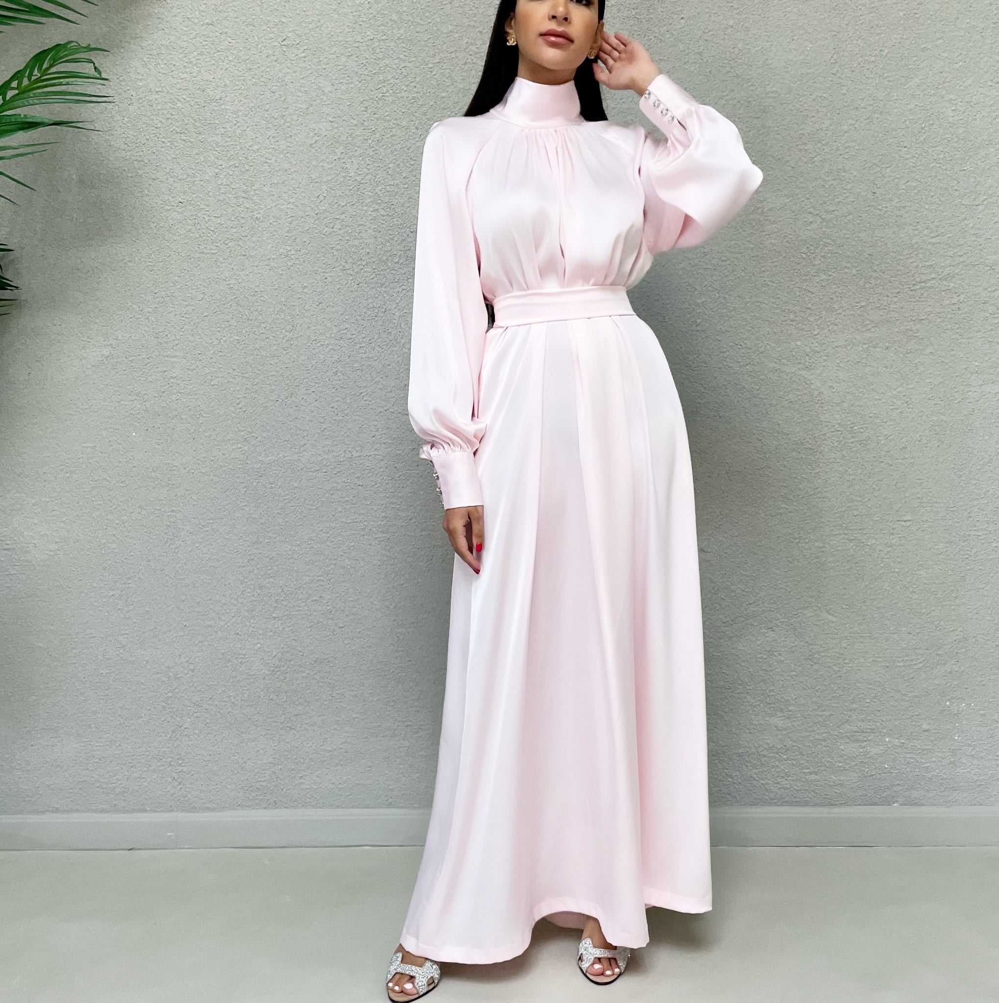 AW 21 AMANI PINK CREPE SATIN HIGH NECK DRESS