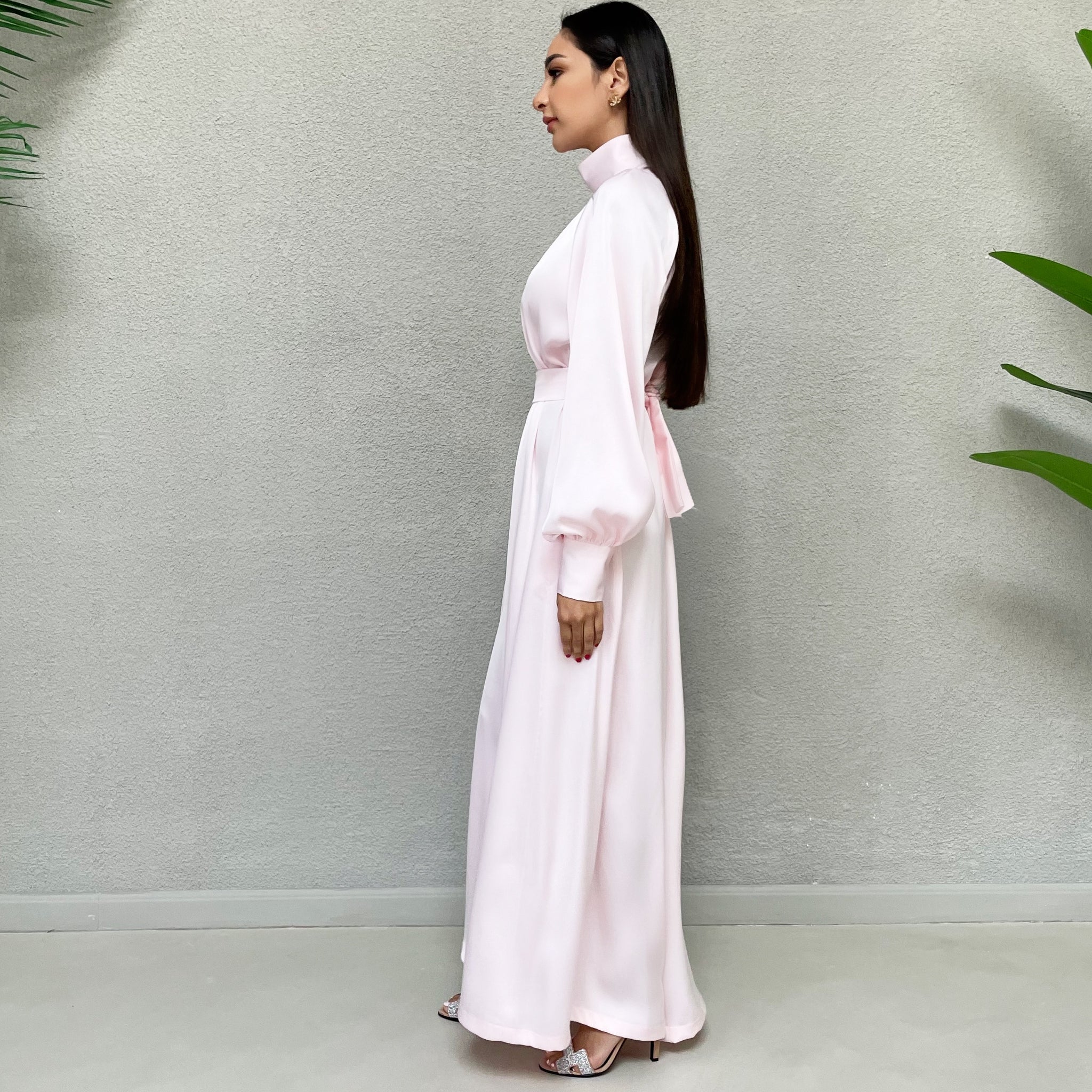 AW 21 AMANI PINK CREPE SATIN HIGH NECK DRESS