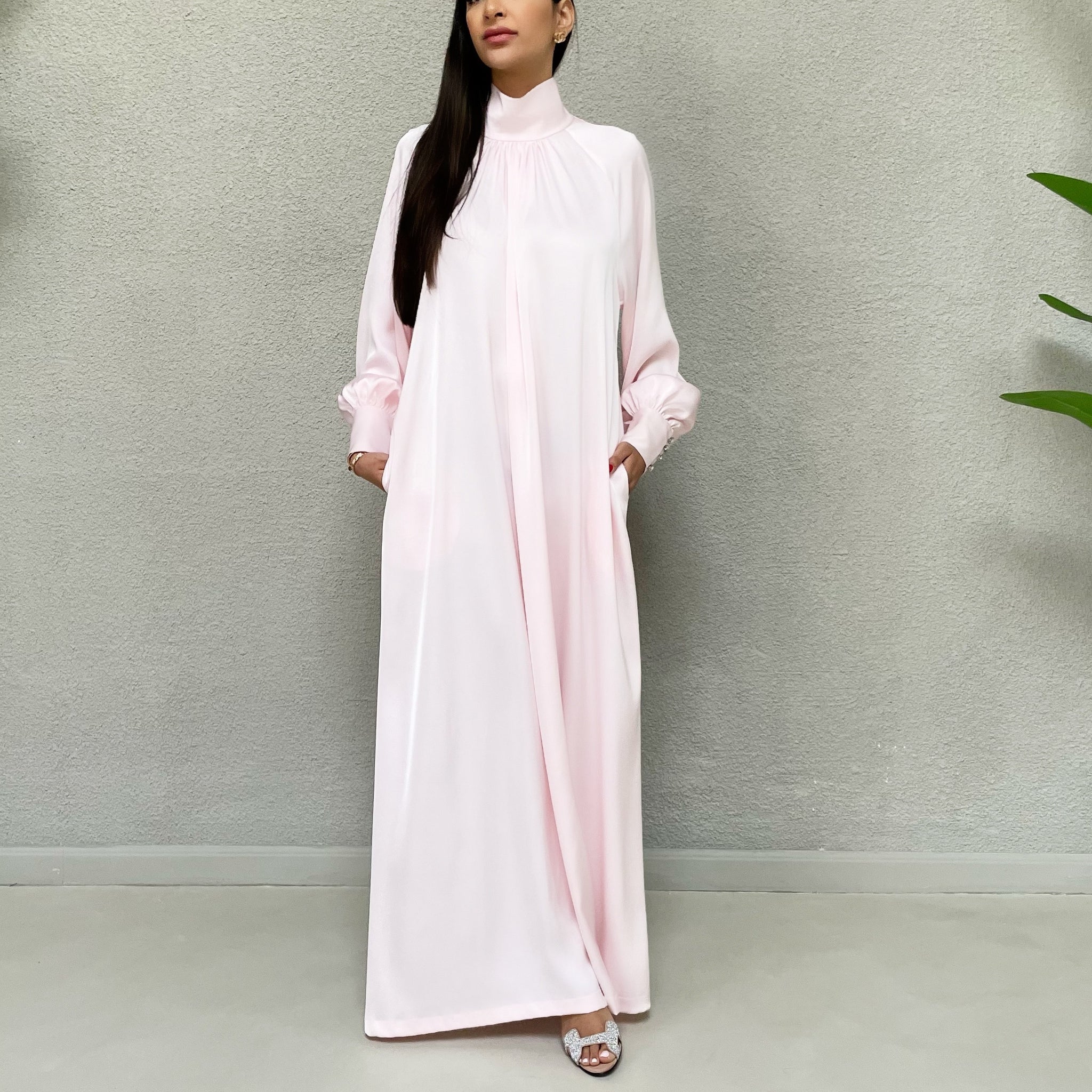 AW 21 AMANI PINK CREPE SATIN HIGH NECK DRESS