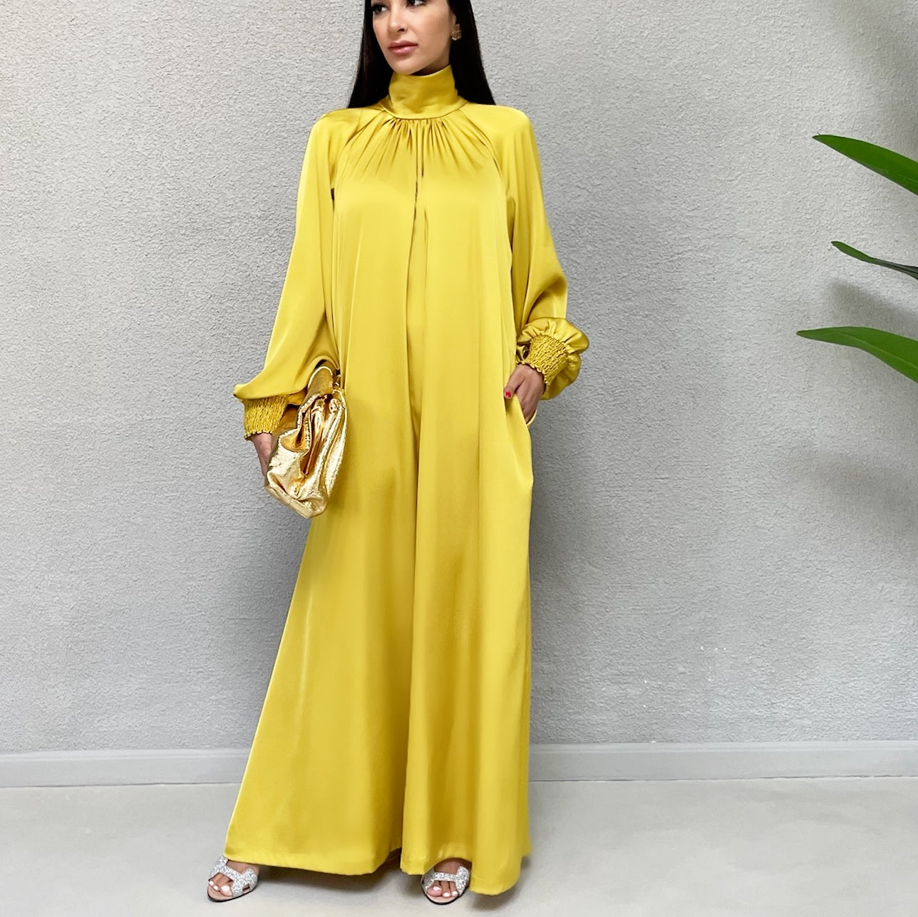AW 21 AMANI CREPE SATIN MUSTARD HIGH NECK DRESS
