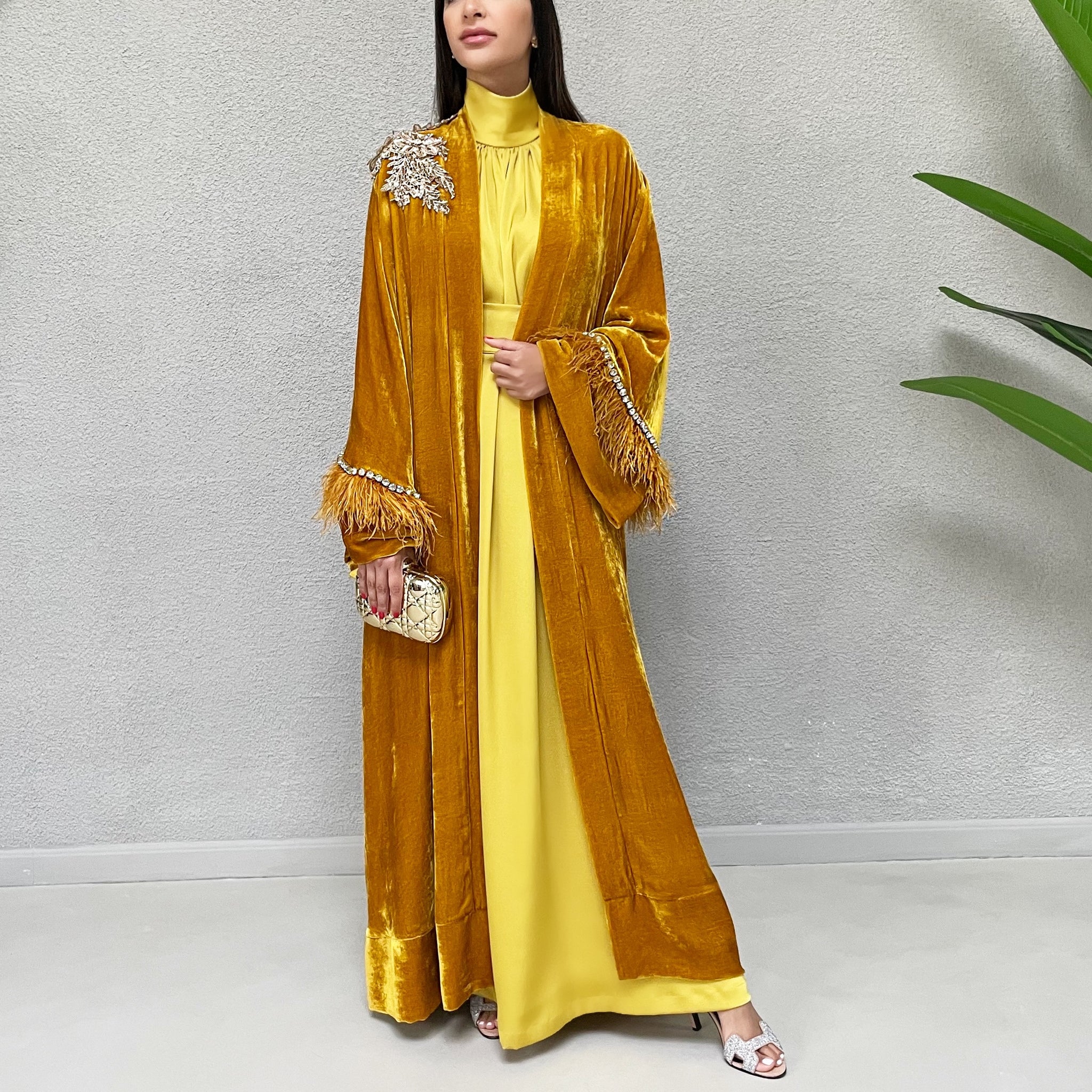 AW 21 AMANI CREPE SATIN MUSTARD HIGH NECK DRESS