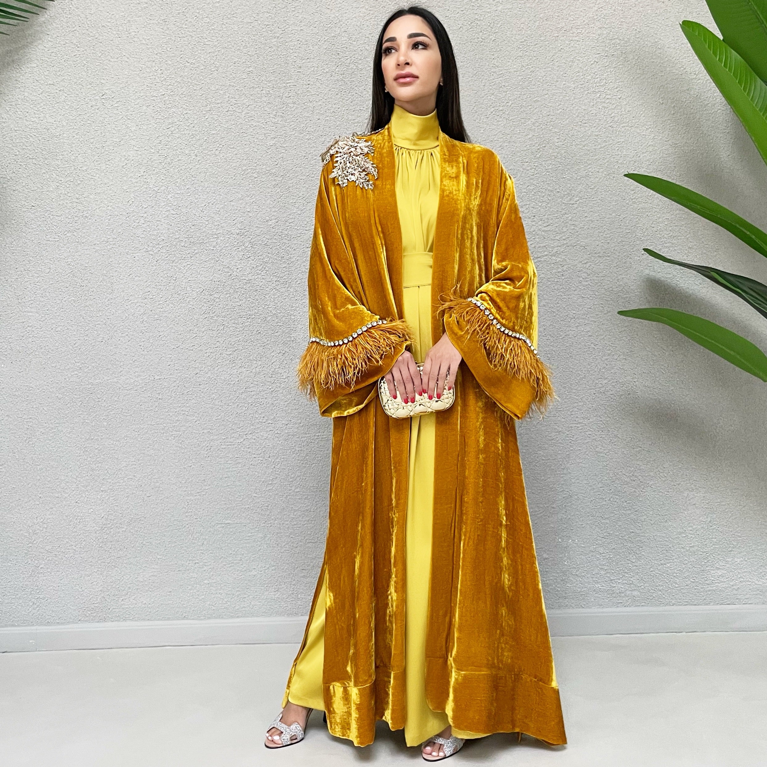 AW 21 AMANI MUSTARD SILK EVENING ABAYA