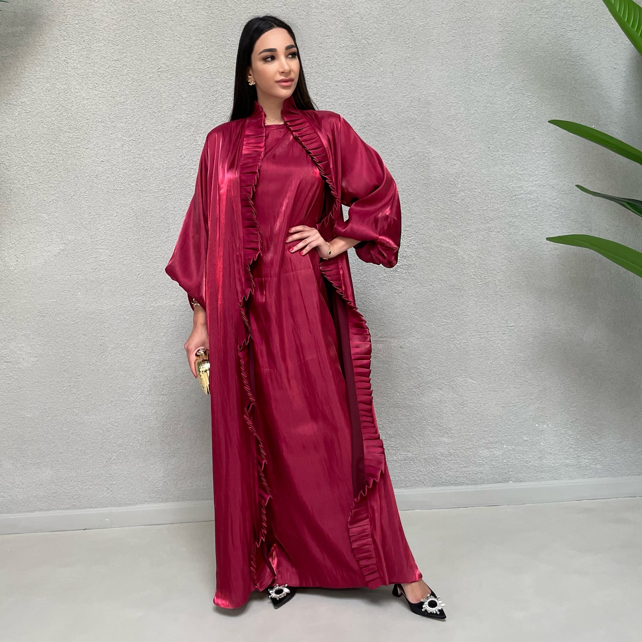 AW 21 BURGUNDY NOORA ORGANZA RUFFLE ABAYA