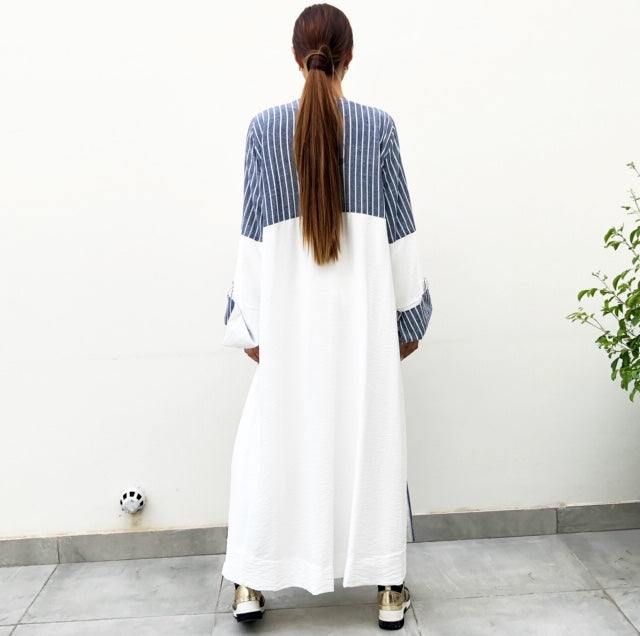 AW19 STYLISH BLUE STRIPE COLOUR BLOCK LINEN ABAYA