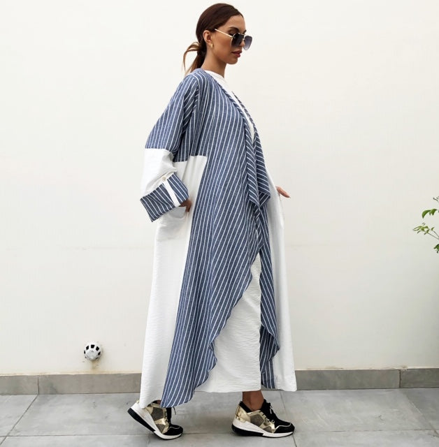 AW19 STYLISH BLUE STRIPE COLOUR BLOCK LINEN ABAYA