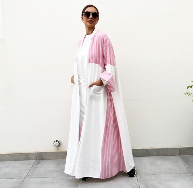 AW19 STYLISH PINK STRIPE COLOUR BLOCK LINEN ABAYA
