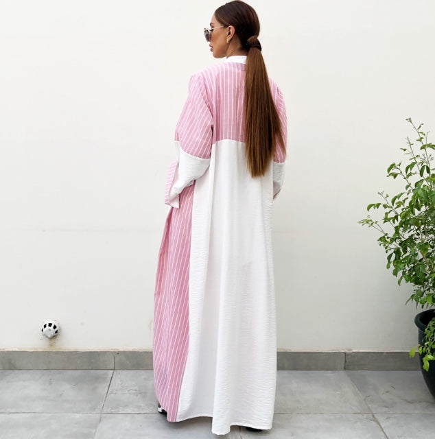 AW19 STYLISH PINK STRIPE COLOUR BLOCK LINEN ABAYA
