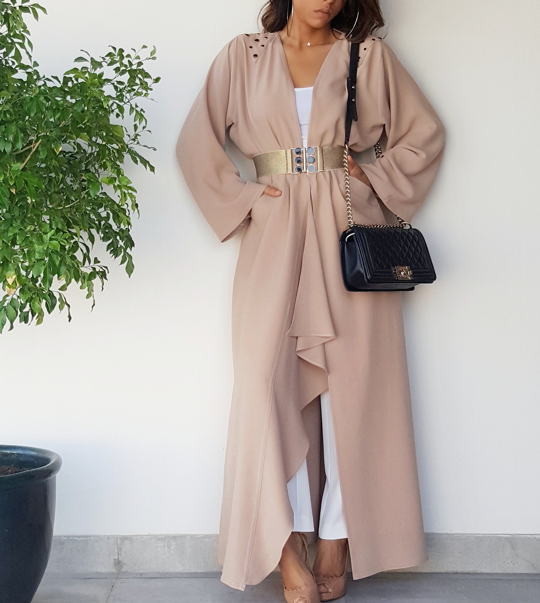 SS18 SEMI WATERFALL NUDE CREPE ABAYA WITH MATT GOLD ELASTICATED BELT & STUDS