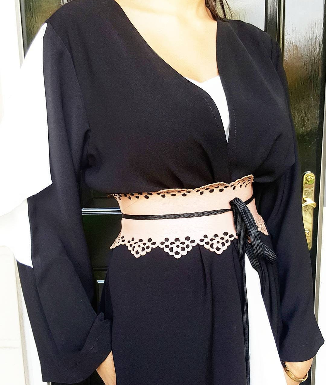 AW17 LASER CUT FAUX LEATHER WIDE BELT WITH LACE UP BACK