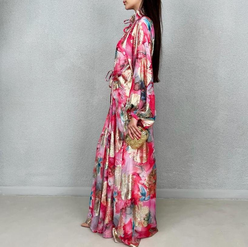 SS22 PINK FLORAL LAME CHIFFON MAXI DRESS