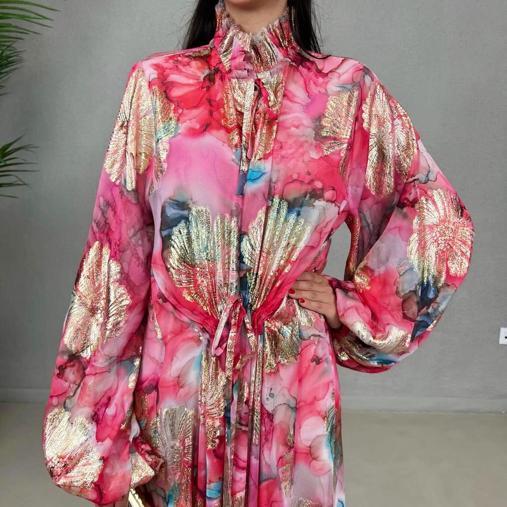 SS22 PINK FLORAL LAME CHIFFON MAXI DRESS