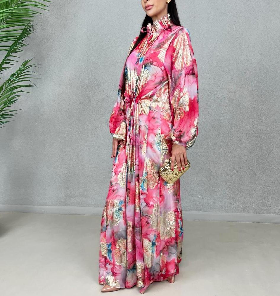 SS22 PINK FLORAL LAME CHIFFON MAXI DRESS