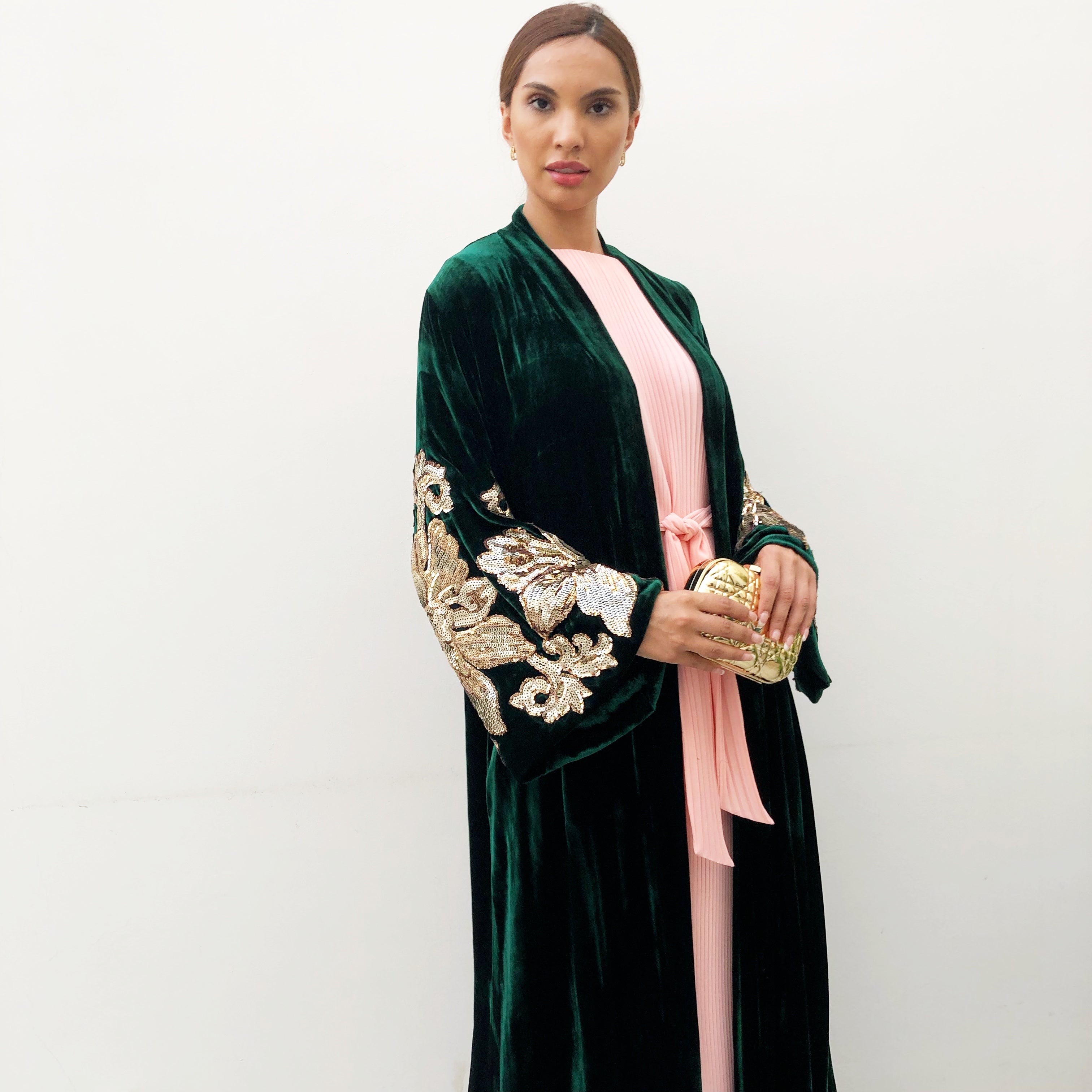 RAMADAN 18 EMERALD GREEN GOLD SEQUINS VELVET ABAYA