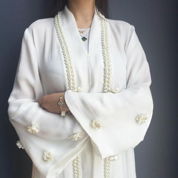 Limited Edition White Crepe Georgette Evening Abaya with Pearls