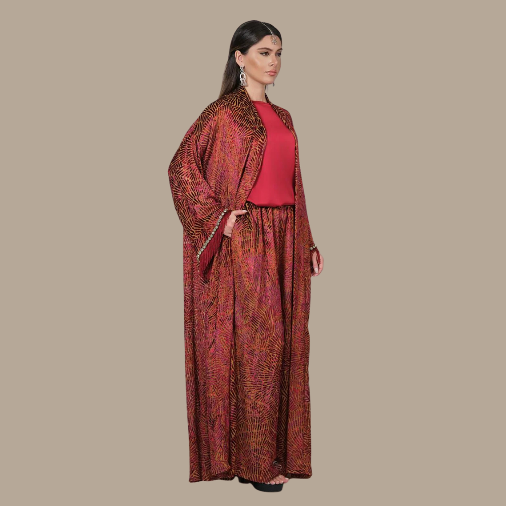 RAM25 ELISE RED DEVORÉ ABAYA PALAZZO SET