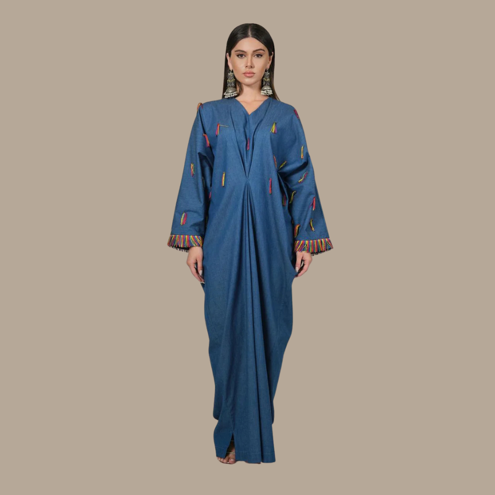 RAM25 JAMILA DENIM KAFTAN WITH FRINGES