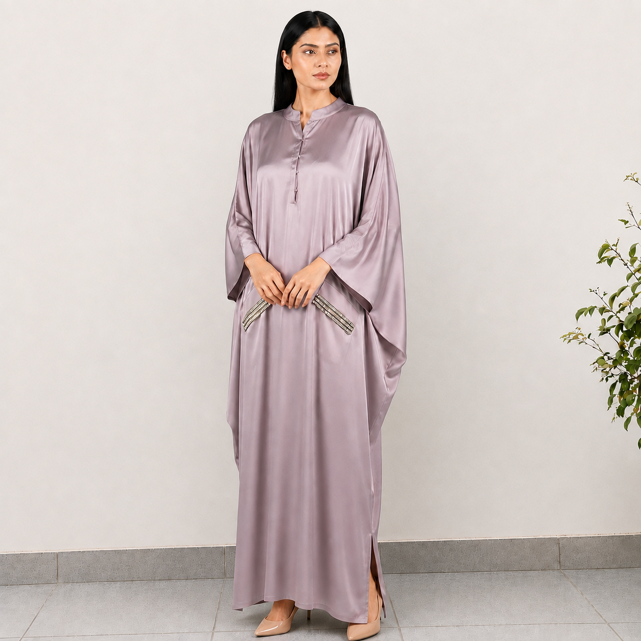 Silk Solid Kaftan Dress with Embellished Waist Detail
