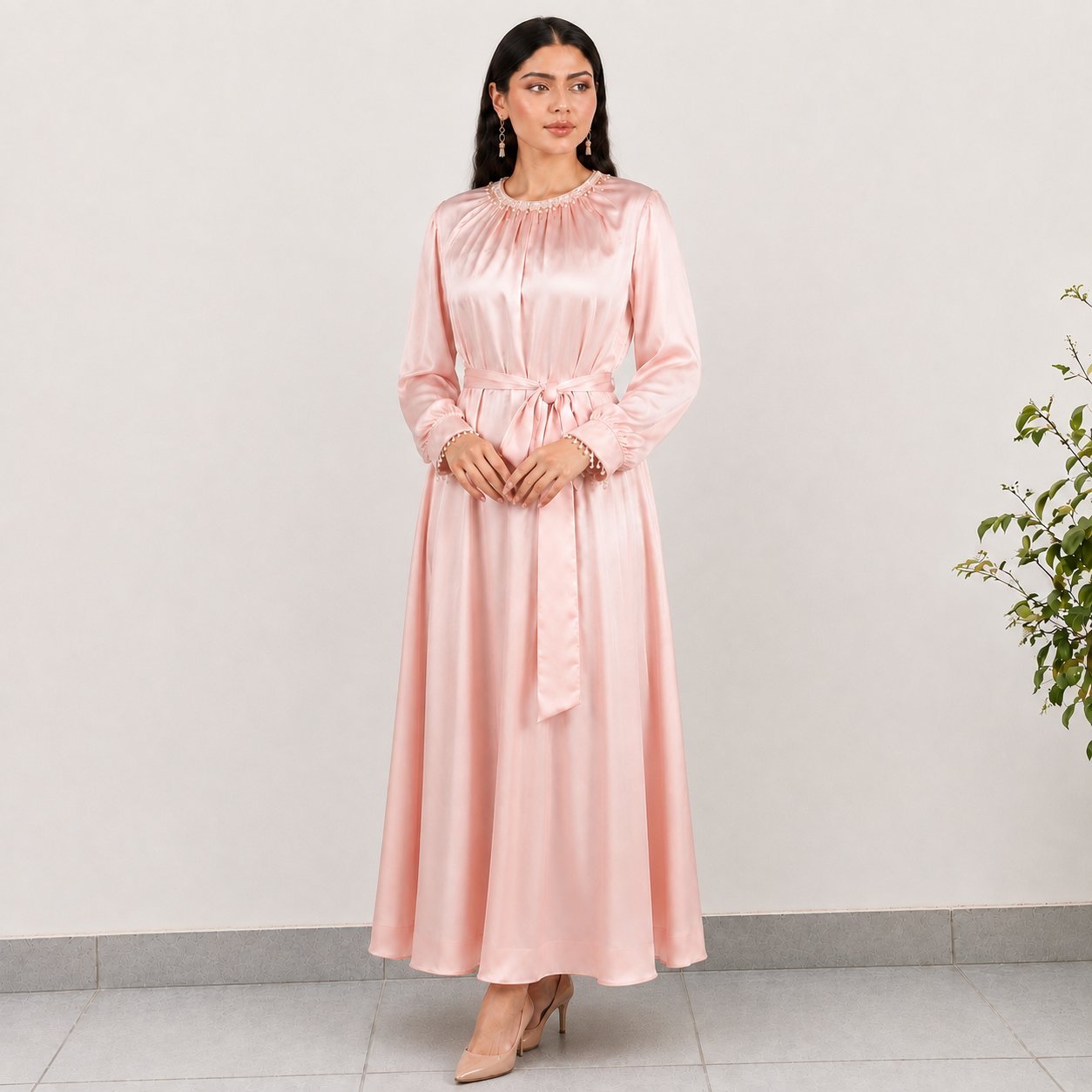 Silk Solid Embellished Long Sleeve Dress