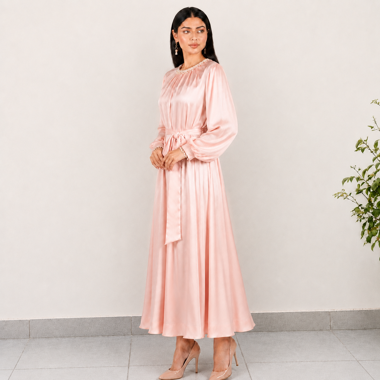 Silk Solid Embellished Long Sleeve Dress