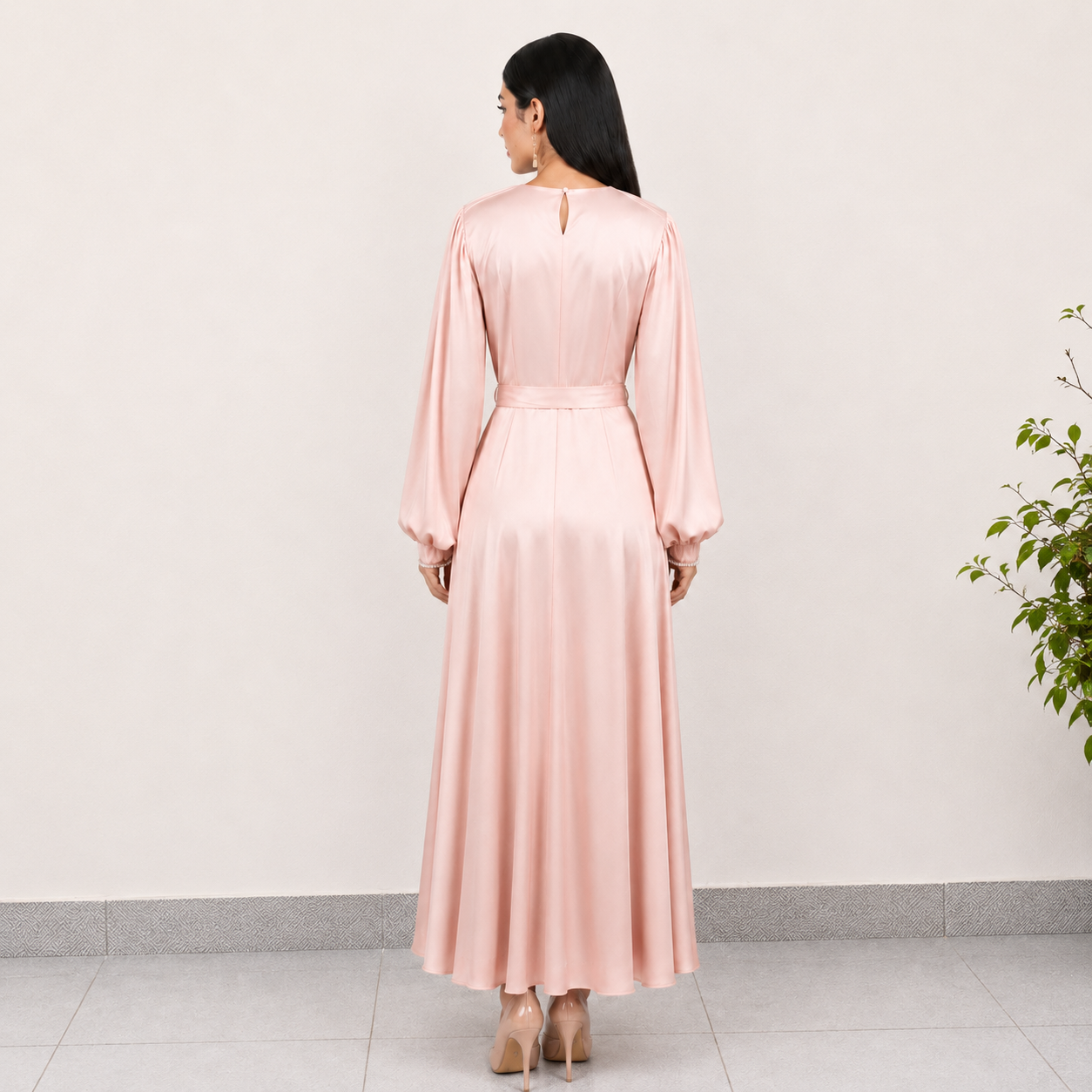 Silk Solid Embellished Long Sleeve Dress