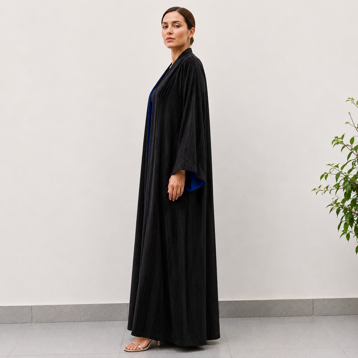 Black & Blue Textured Open Front Abaya