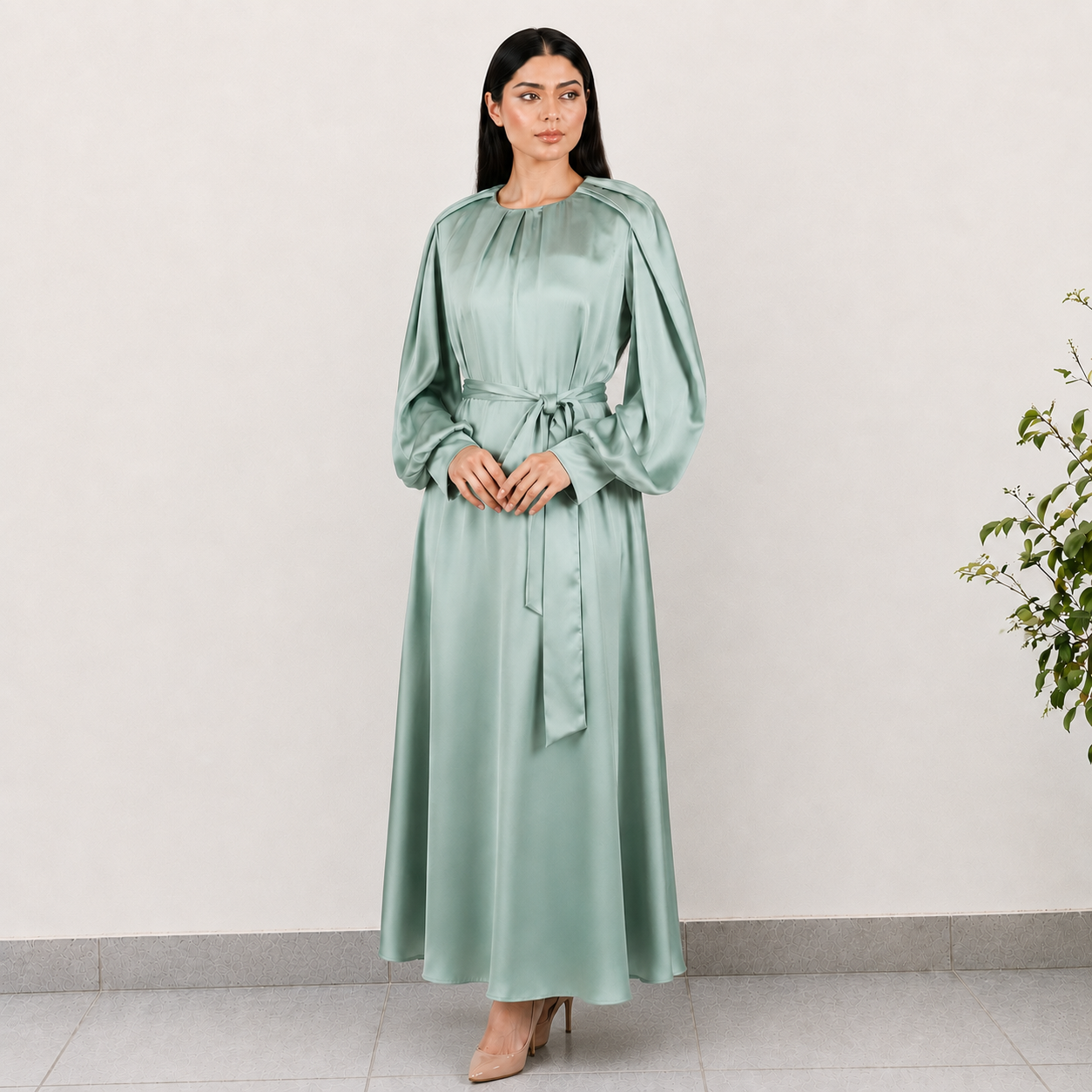 LONG SLEEVE TUNIC DRESS IN MATT SATIN