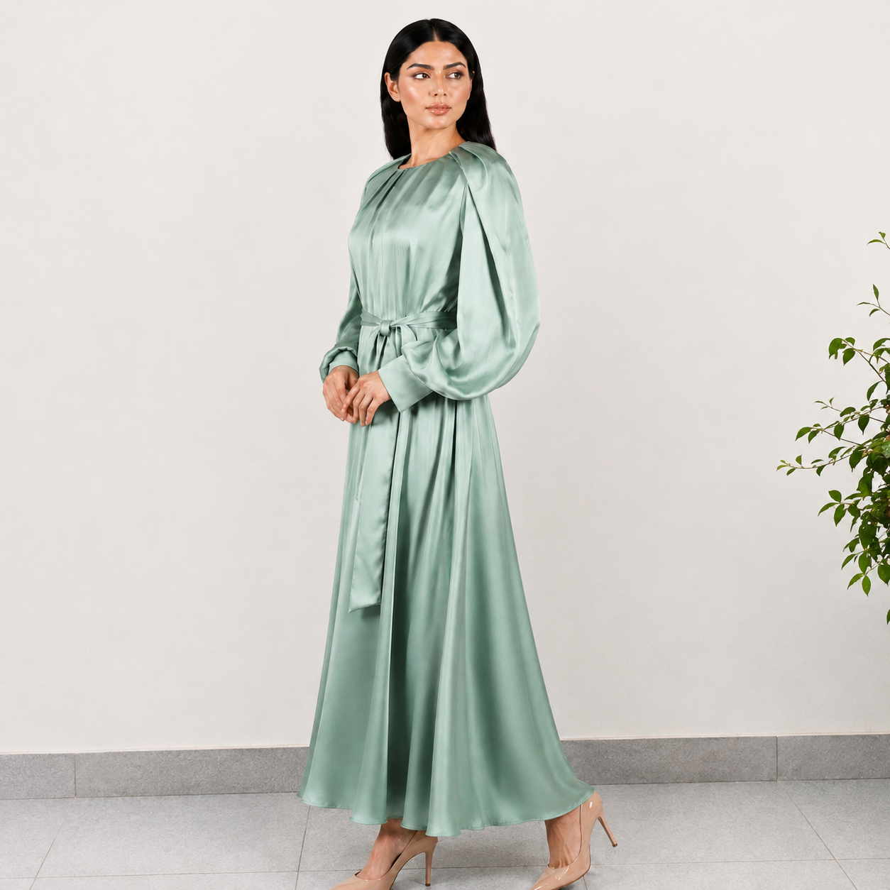 LONG SLEEVE TUNIC DRESS IN MATT SATIN