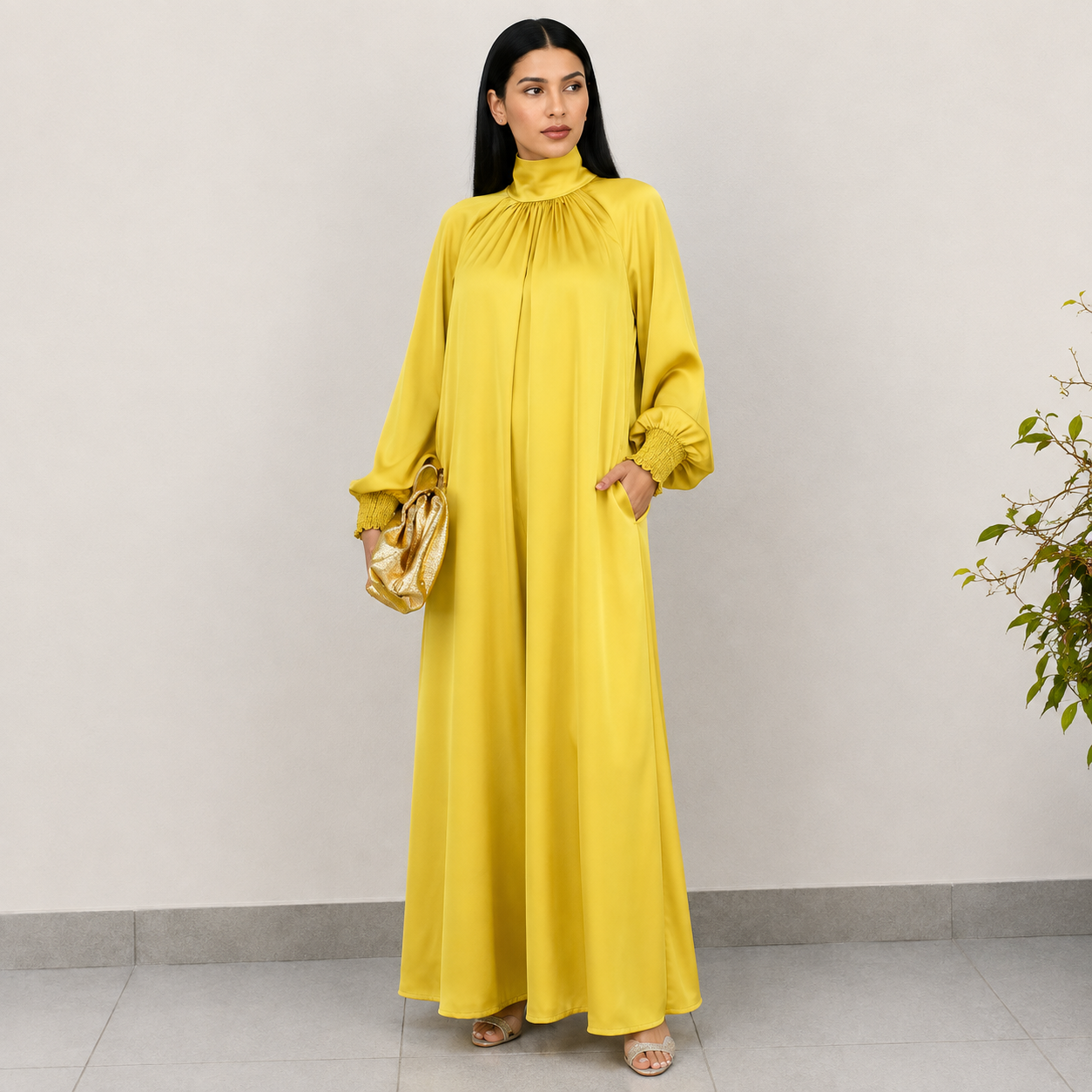AMANI CREPE SATIN MUSTARD HIGH NECK DRESS
