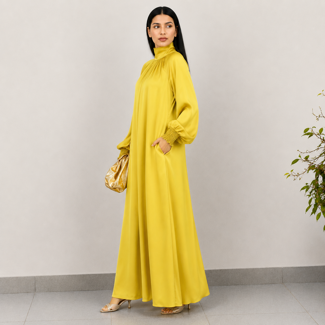 AMANI CREPE SATIN MUSTARD HIGH NECK DRESS