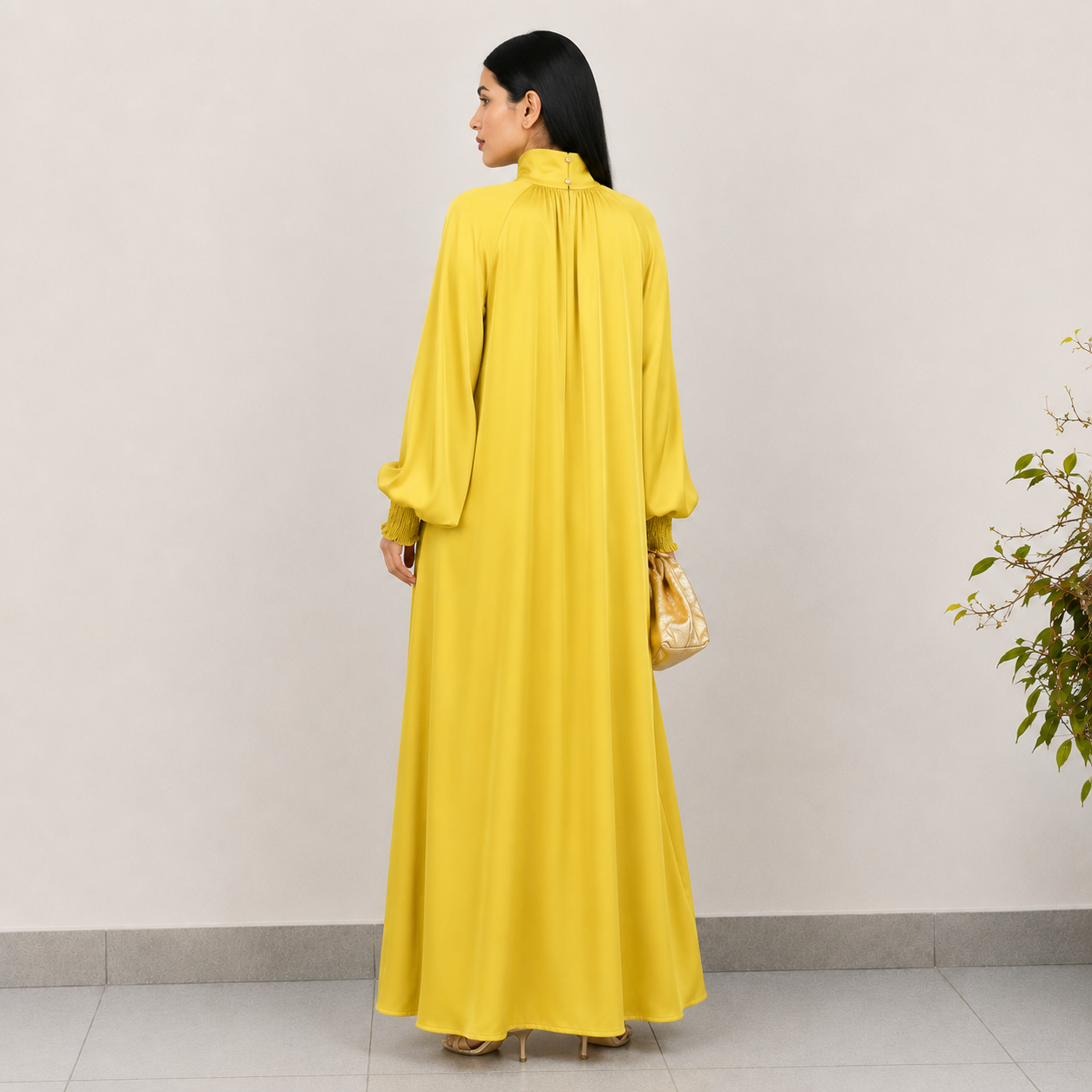 AMANI CREPE SATIN MUSTARD HIGH NECK DRESS