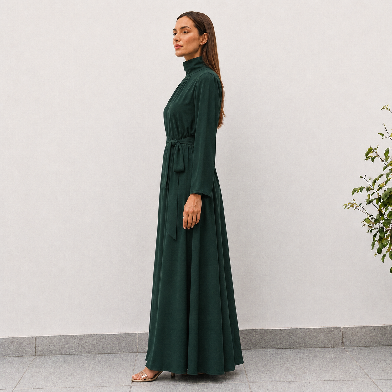 TESSA GREEN SATIN HIGH NECK DRESS