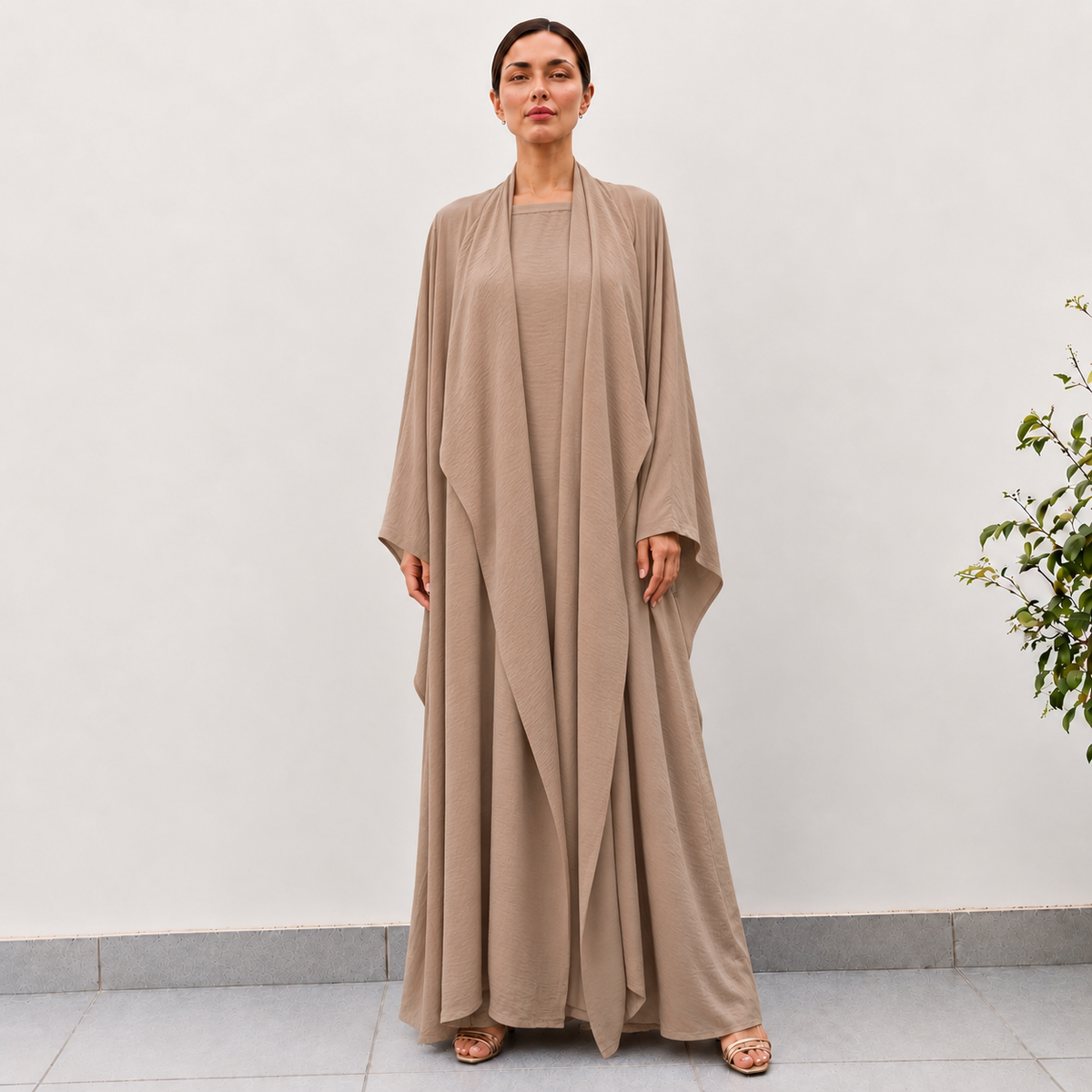 Taupe Textured Layered Kaftan Set