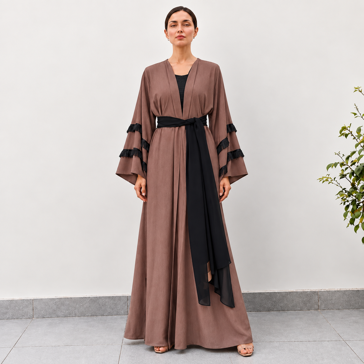 Elara Mocha Fringe Abaya