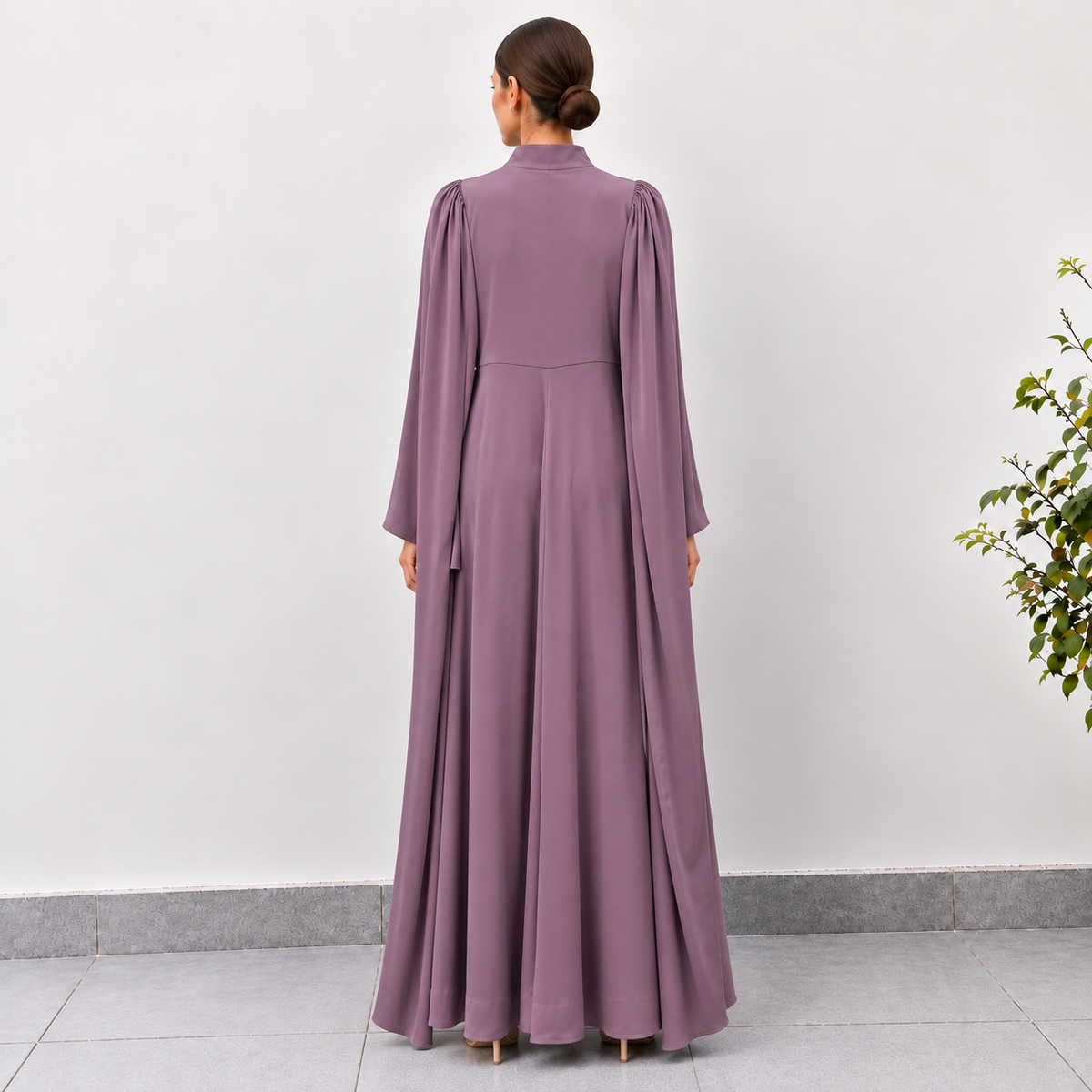 Mauve Pleated High-Neck Abaya
