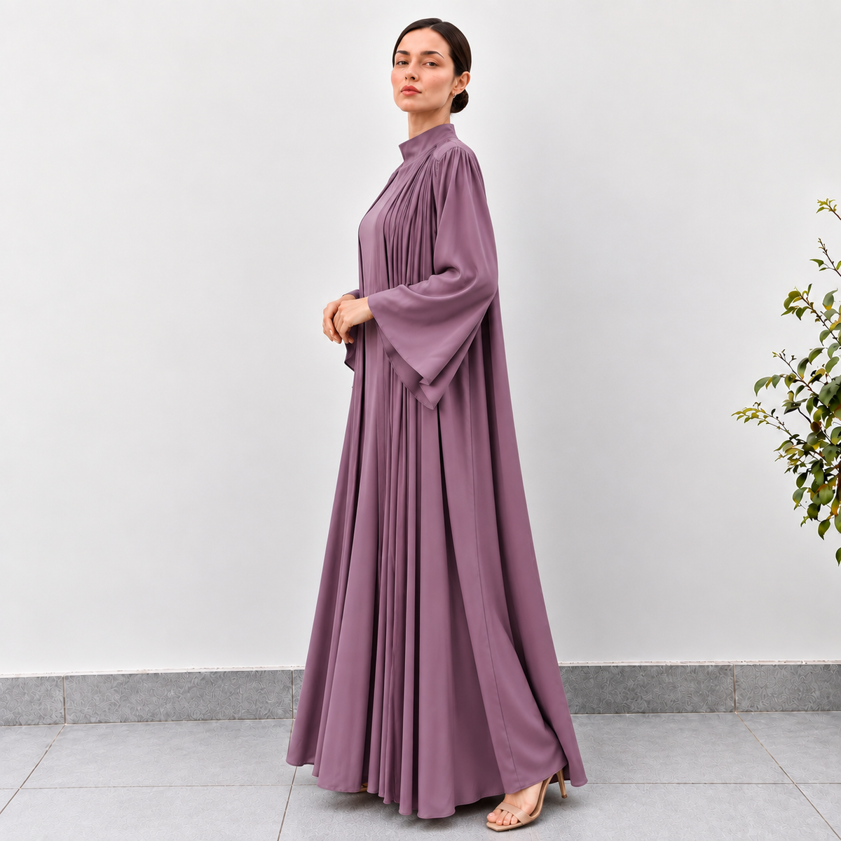 Mauve Pleated High-Neck Abaya