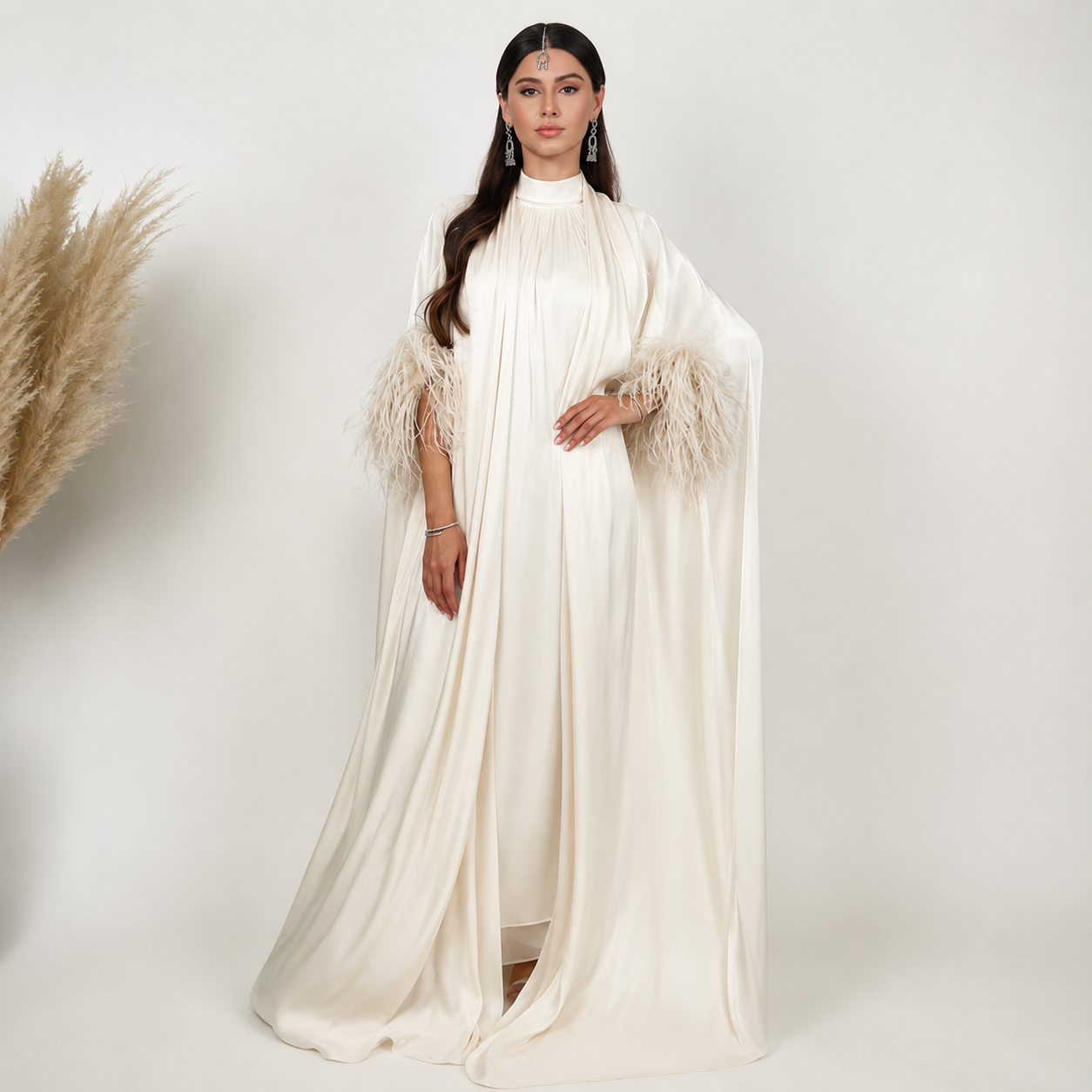 RAM24 MIMI OFF-WHITE SHAWL ABAYA WITH FEATHER