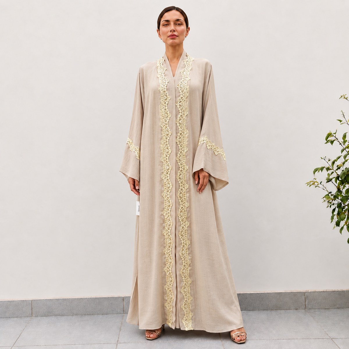 Nude Linen Abaya with Chantily Lace
