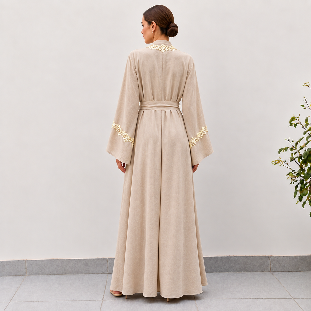 Nude Linen Abaya with Chantily Lace