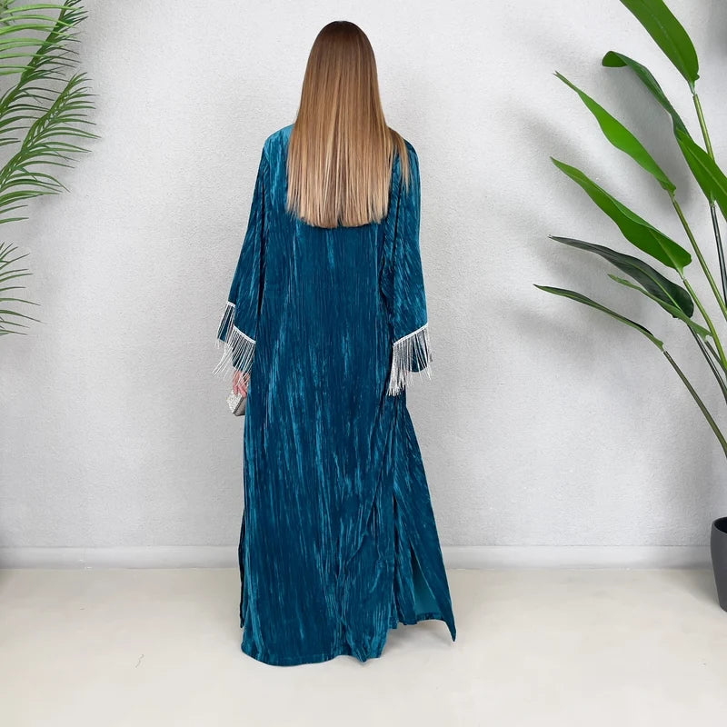 TEAL VELVET EVENING ABAYA SET