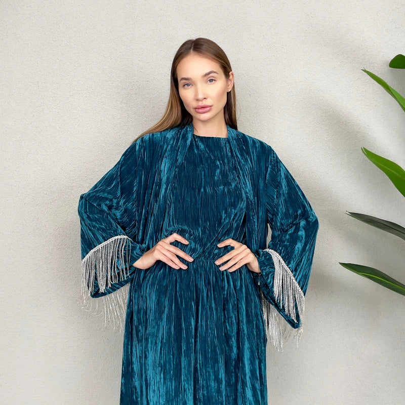 TEAL VELVET EVENING ABAYA SET
