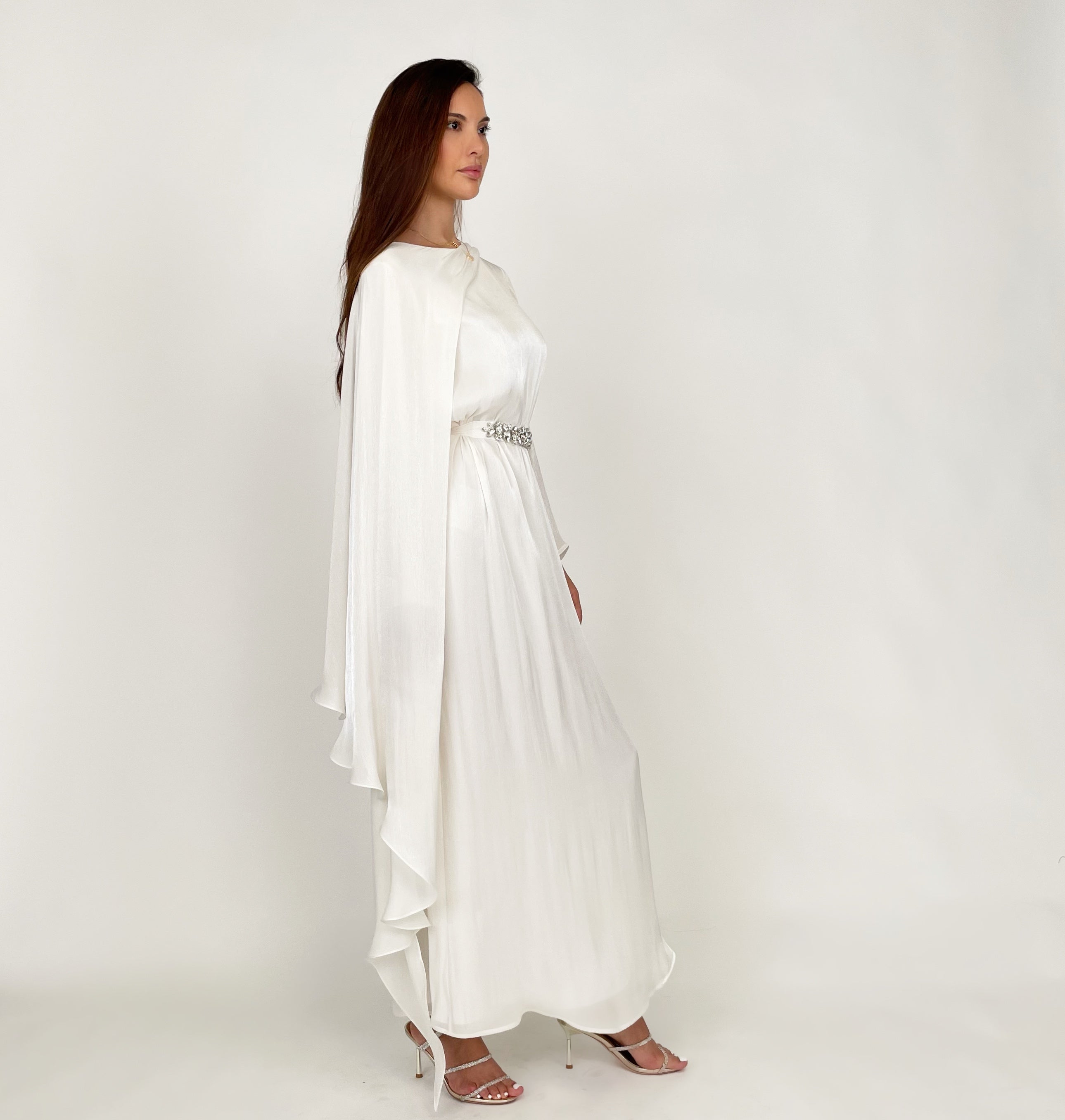 SS24 REEM OFF-WHITE DRAPE SHAWL EVENING DRESS