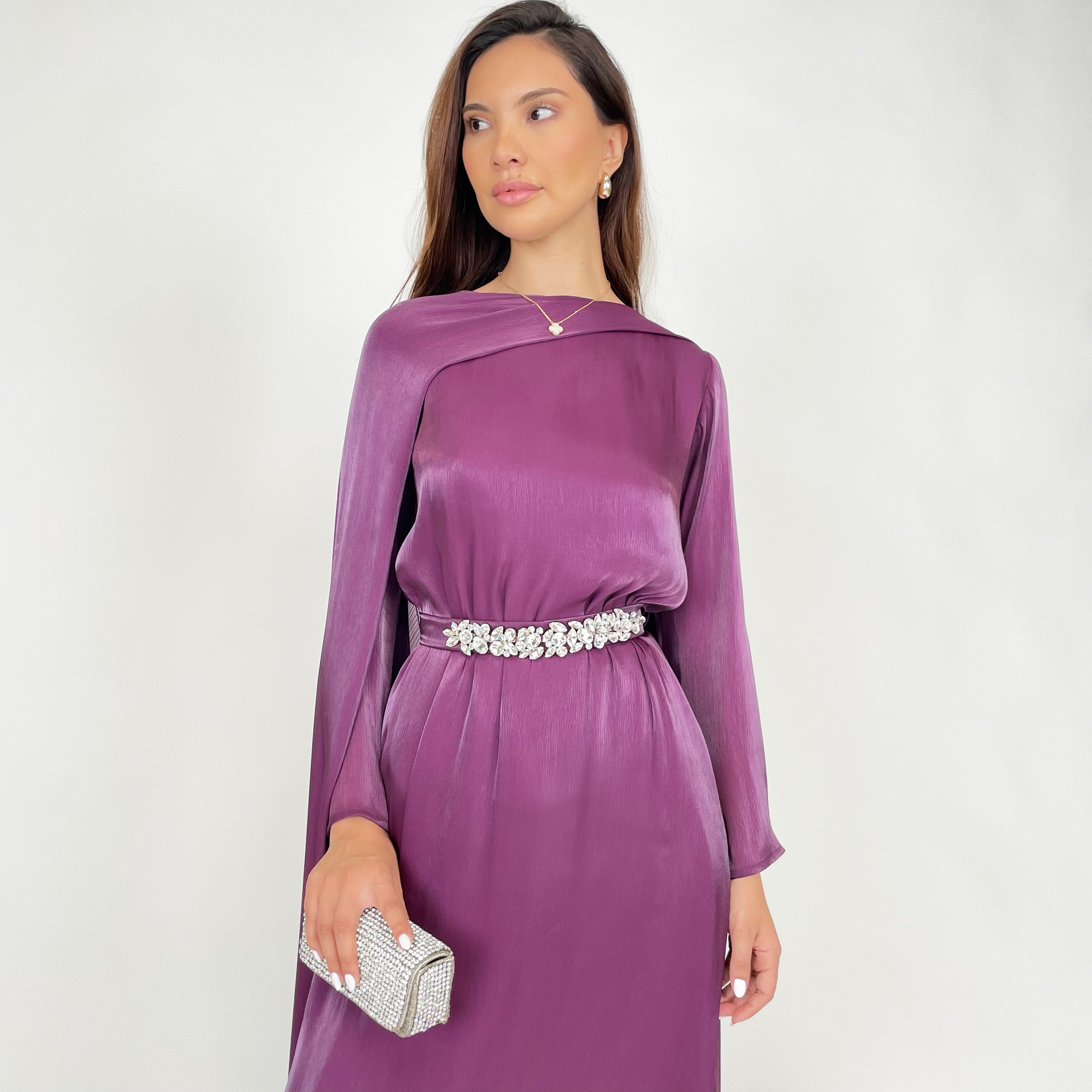 SS24 REEM VIOLET ORGANZA DRAPE SHAWL STYLE DRESS