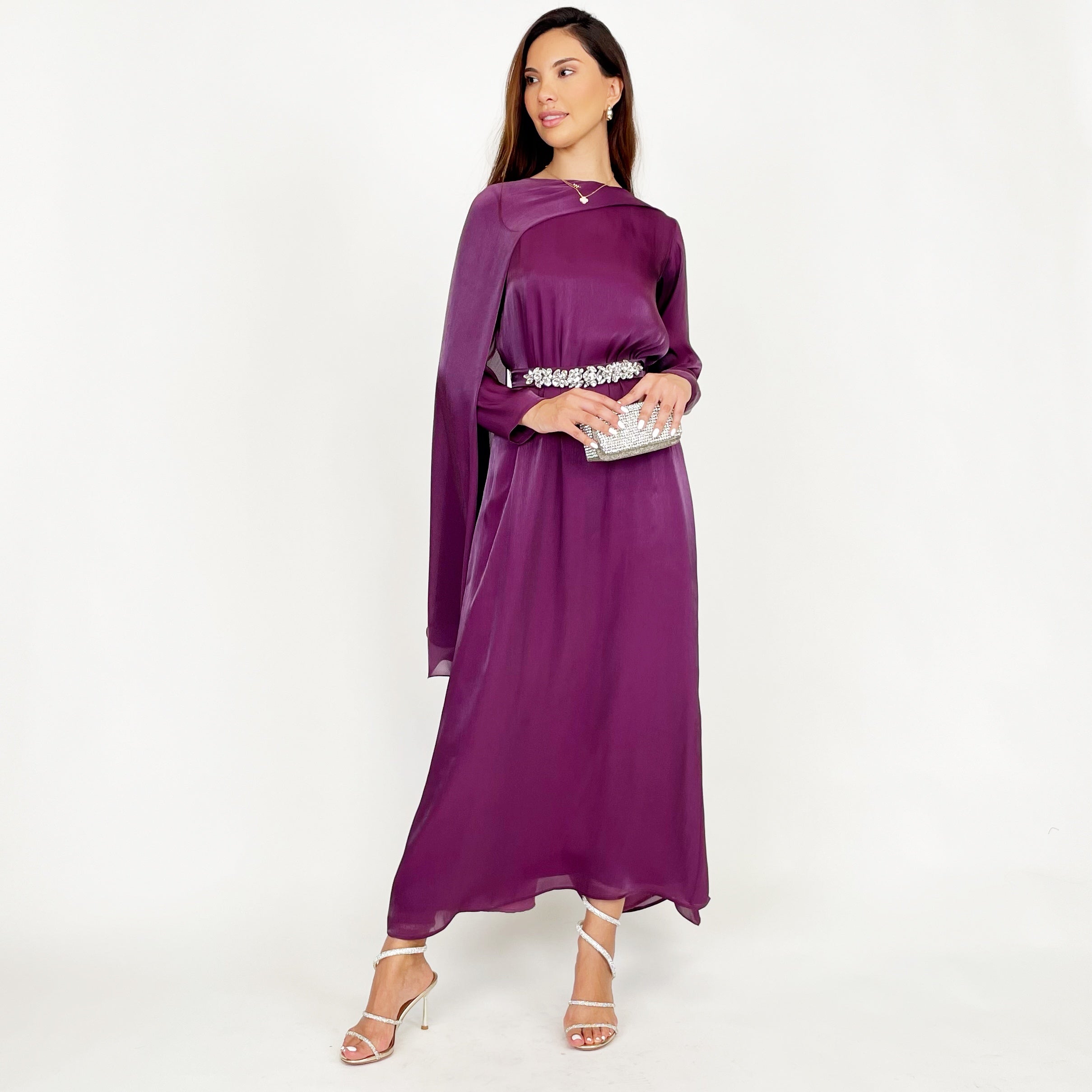 SS24 REEM VIOLET ORGANZA DRAPE SHAWL STYLE DRESS