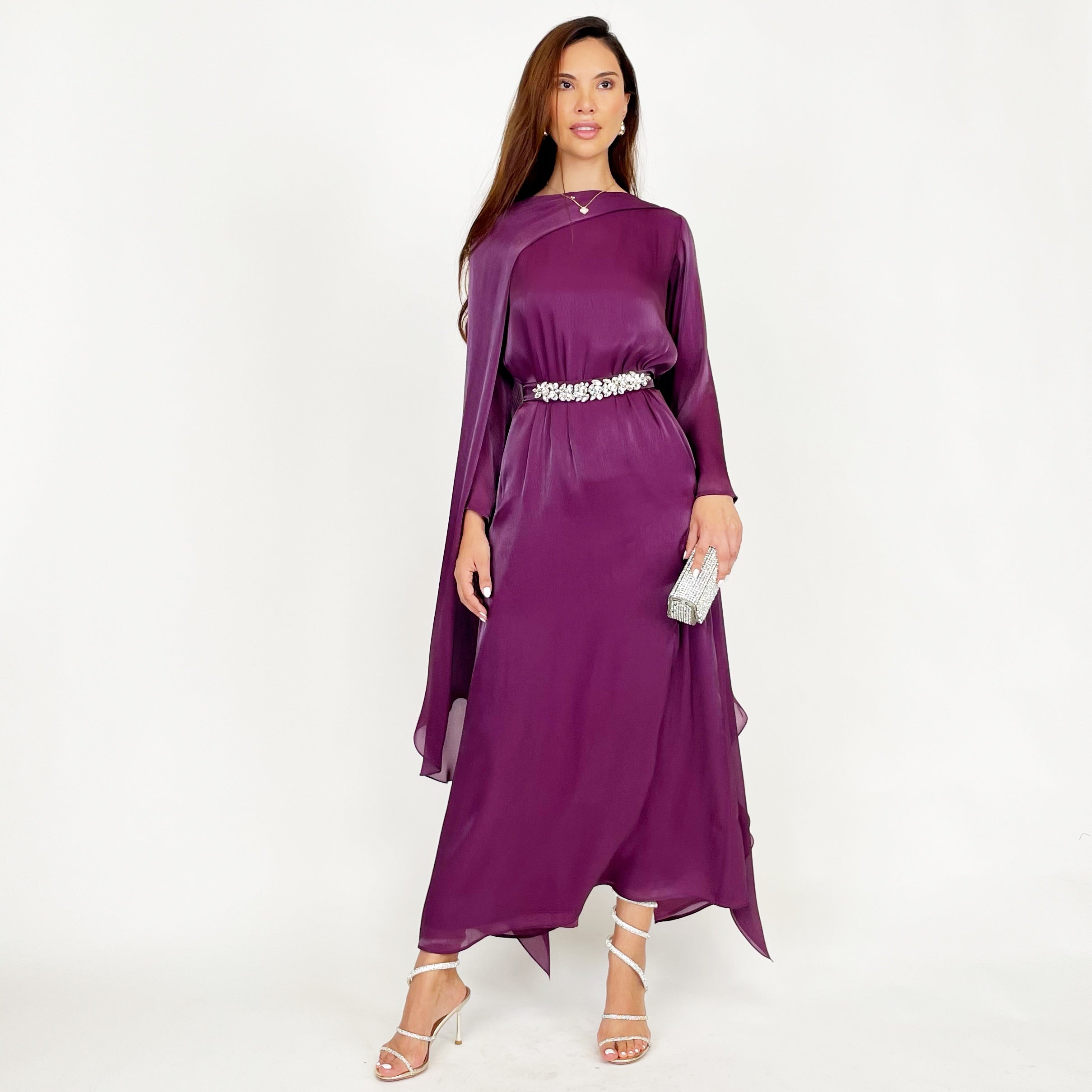 SS24 REEM VIOLET ORGANZA DRAPE SHAWL STYLE DRESS