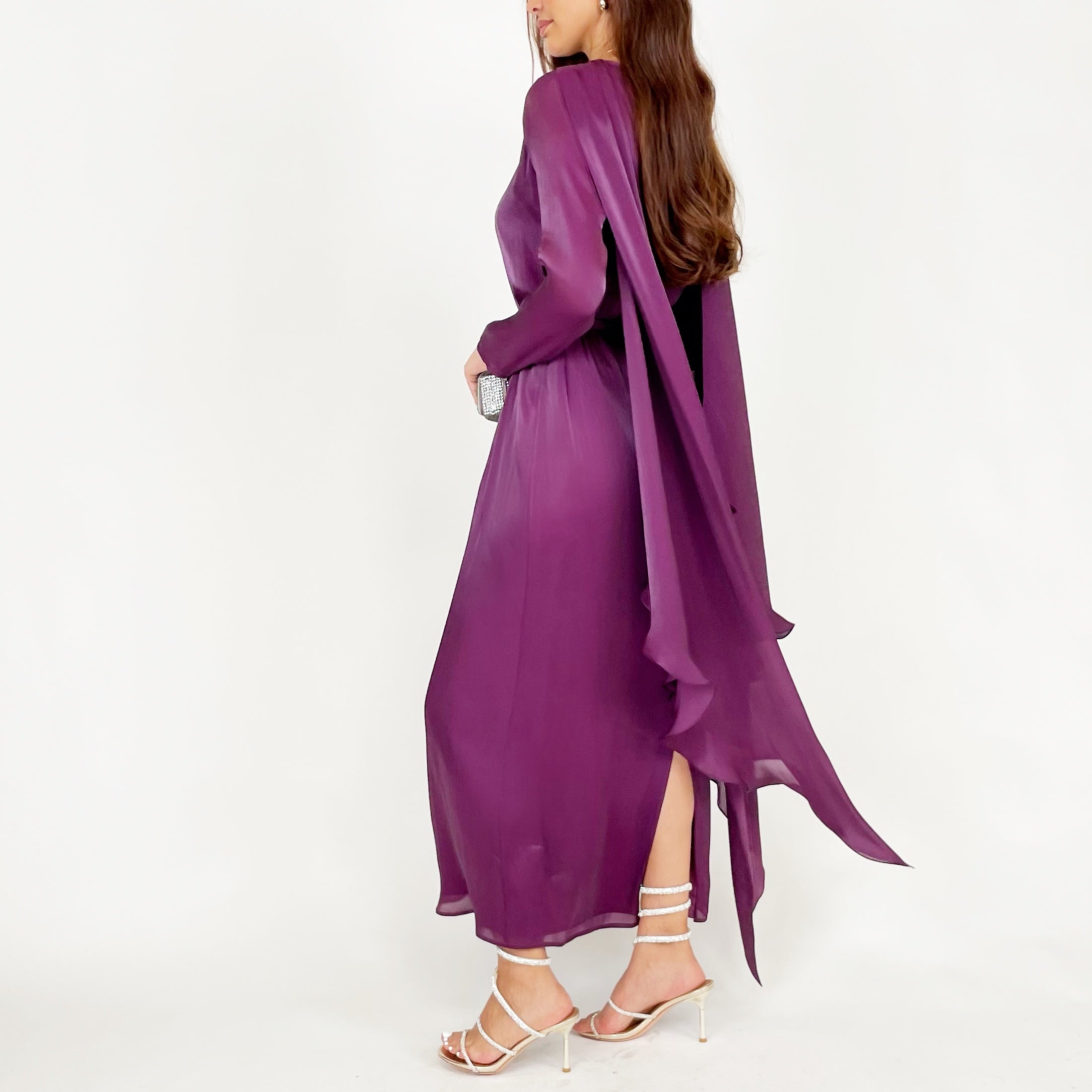 SS24 REEM VIOLET ORGANZA DRAPE SHAWL STYLE DRESS