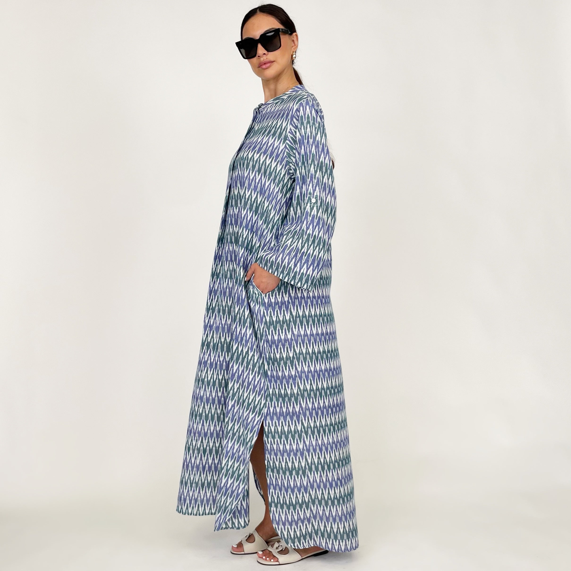 SS24 IKAT COLLARLESS KAFTAN DRESS