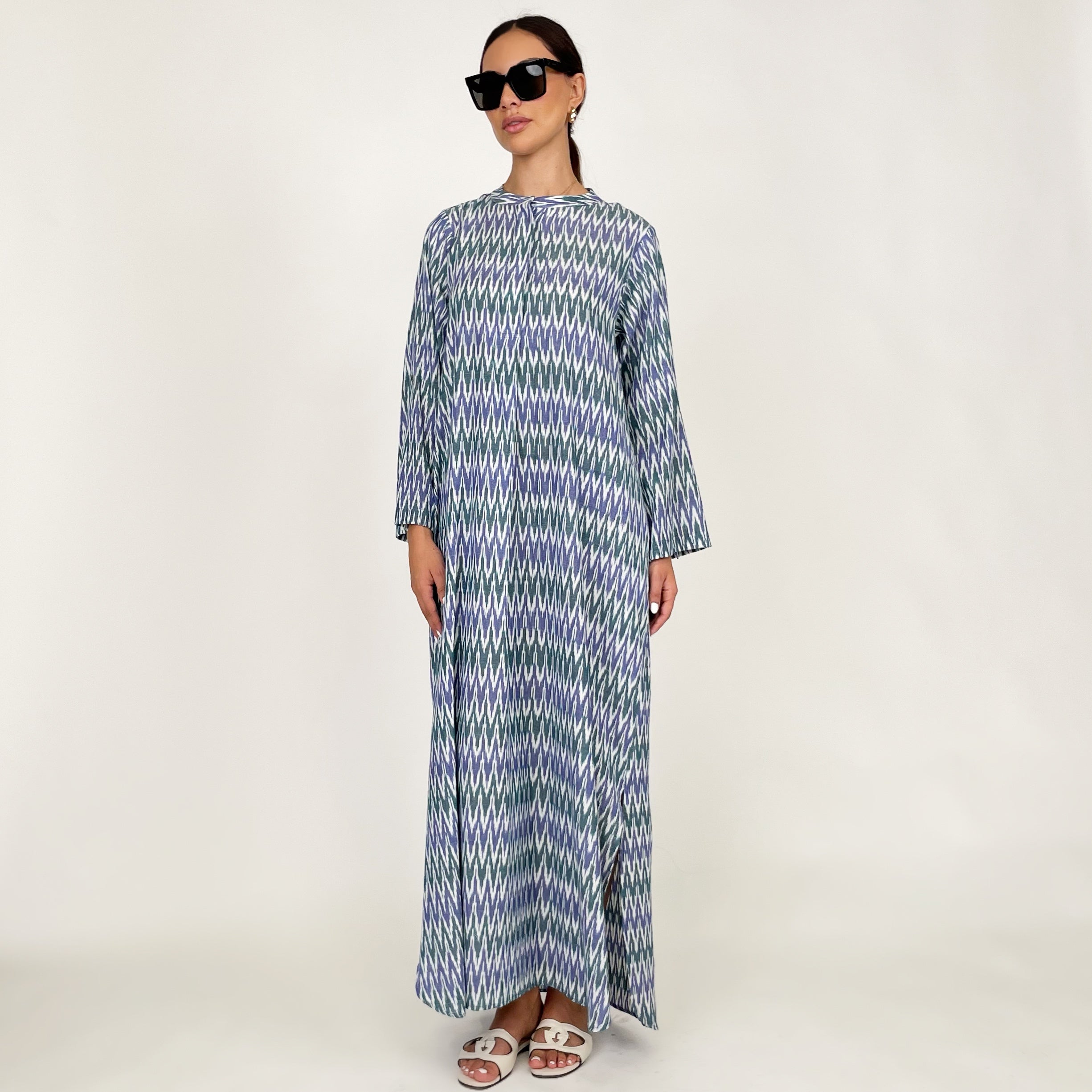 SS24 IKAT COLLARLESS KAFTAN DRESS